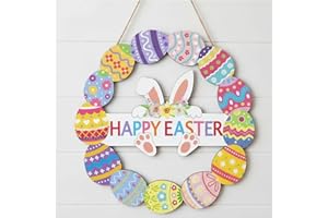 YJHAT Wooden Easter Hollow Bunny Door Wreath Hanging Sign, Spring Flower Egg Welcome Decor for Front Door Wall Home Indoor Ou