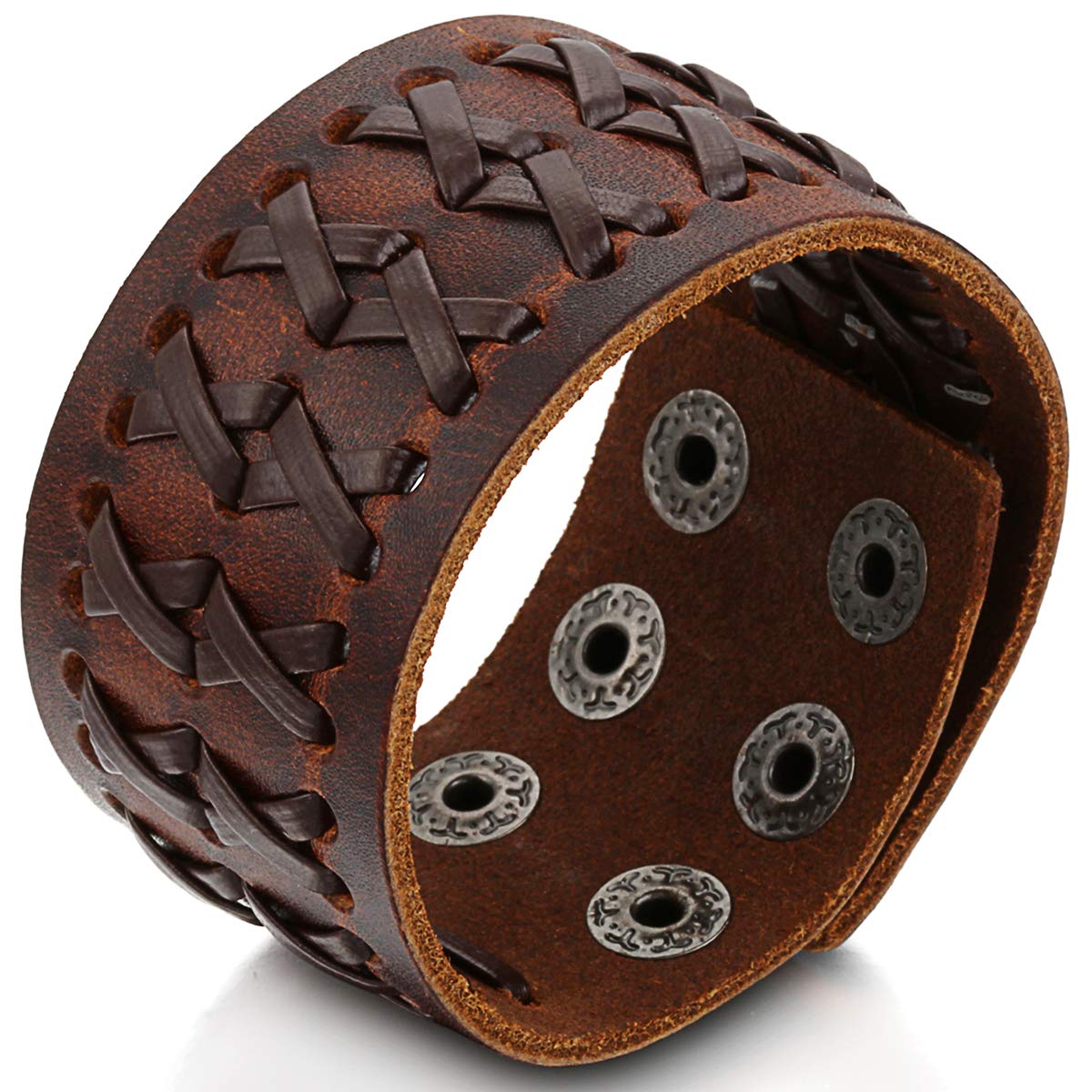 JewelryWe Wide Leather Mens Bangle Cuff Bracelet Color Brown