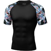 Roadbox Men's BJJ Rash Guard Short Sleeve, UPF 50+ Jiu Jitsu Compression Base Layer Swim Shirts for MMA No Gi Surfing