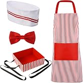 SATINIOR 4 Pcs Adult Waiter Costume Carnival Circus Halloween Cosplay | Popcorn Seller Apron with Pocket Hat Bow Tie Tray, Hot Dog Soda Jerk Movie Night Dinner Costume, 50s Party Cosplay Women Men