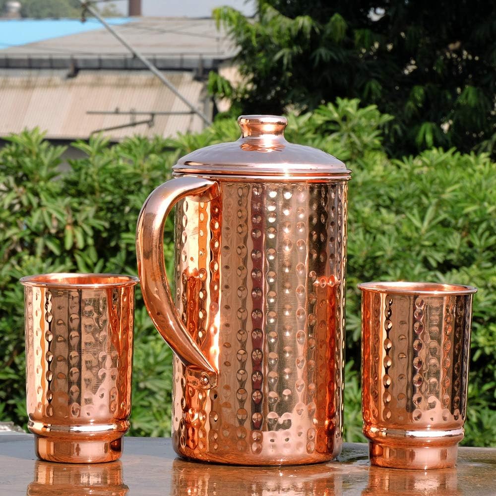 Pure Copper Ayurveda Pitcher and Tumbler Set - Hammered Design Jug with 2 Tumbers - Image 4
