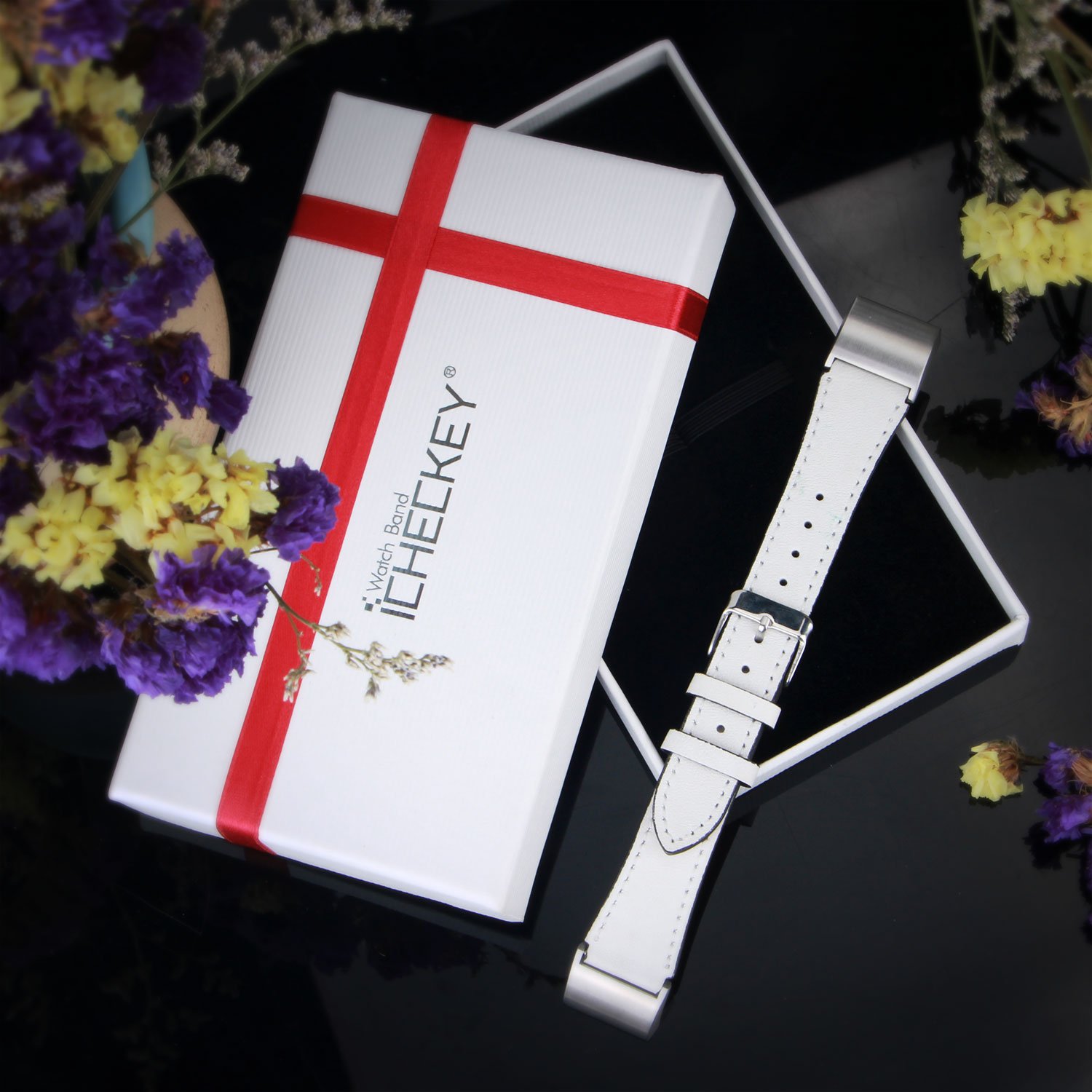 Fitbit Charge 2 Bands - Icheckey Genuine Leather Replacement Wristbands Include Gift Box for Fitbit Charge 2, Large Small Charge 2 Fitness Strap White