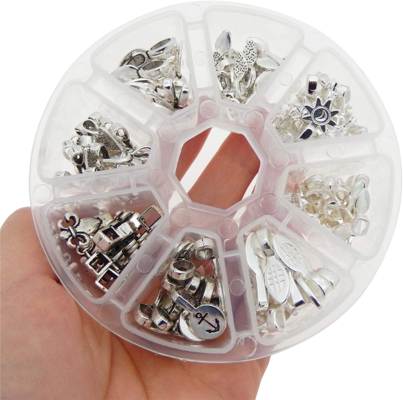 Julie Wang 120 pcs Mixed Glue on Bail Charm for Necklace Bracelet Pendants Jewelry Making Silver Color 8 Styles - Image 3