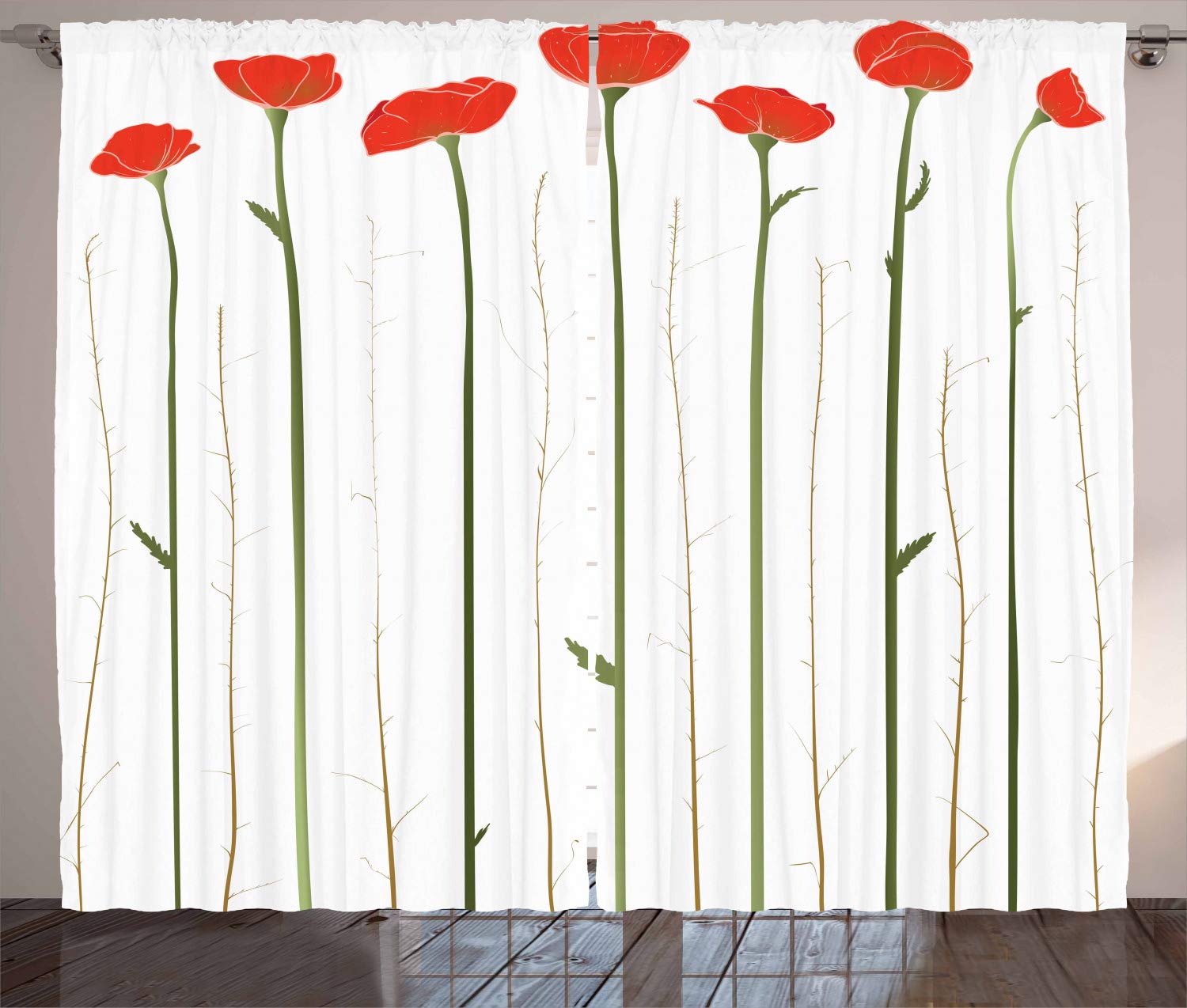 ABAKUHAUS Flower Curtains, Floral Gardening Theme Image of Poppies Flourishing on Tall Stems for Spring, Living Room Bedroom Window Drapes 2 Panel Set, 96 L X 110 W, Vermilion Green