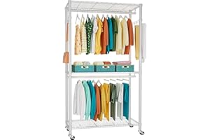 FUTASSI P1 Heavy Duty Garment Rack, 3 Tiers Adjustable Rolling Metal Closet Organizer with Lockable Wheels, FreeStanding Wardrobe with Double Hanger Rods & 1 Pair Hooks, Max Load 450 LBS, White