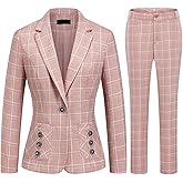 MODFUL Women's 2 Piece Business Plaid Suit Set Office One Button Slim Fit Blazer with Pant
