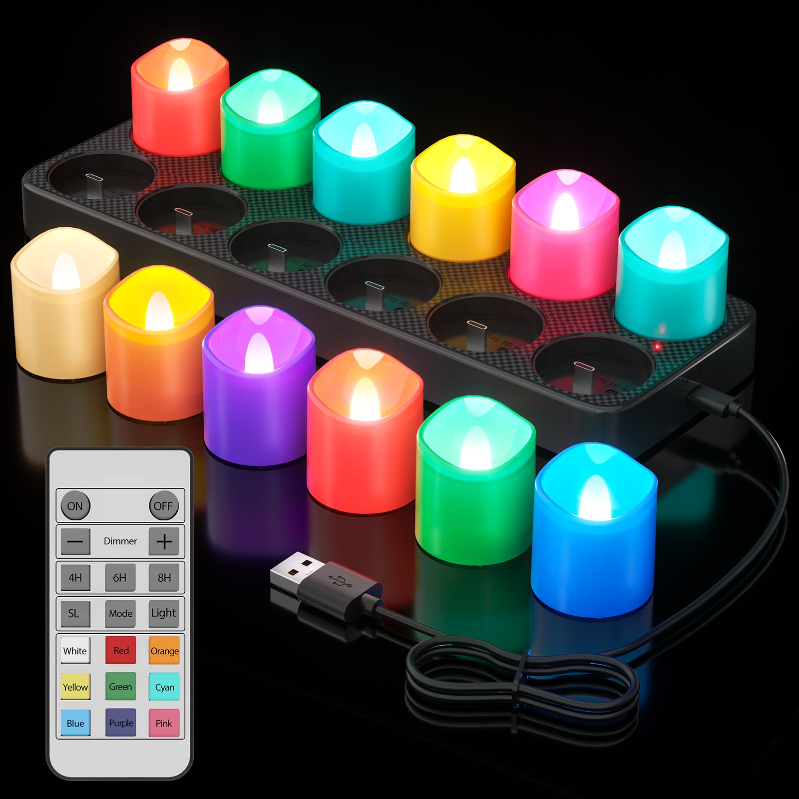 Ymenow Rechargeable Tea Lights Candles with Remote & Timer, 12 PCS RGB Color Changing LED Flameless Flickering Electric Fake Candles with Charging Base for Table Party Christmas Halloween Decor