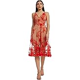Dress The Population Womens Audrey Spaghetti Strap Midi A-line 3D Floral Dress