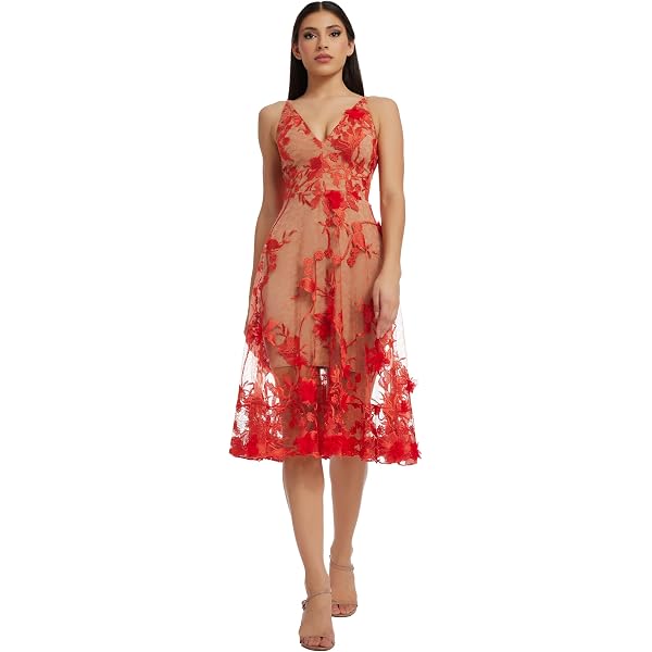 Dress the Population Women's Audrey Spaghetti Strap Midi A-line 3D Floral  Dress, Begonia, XXS at Amazon Women's Clothing store
