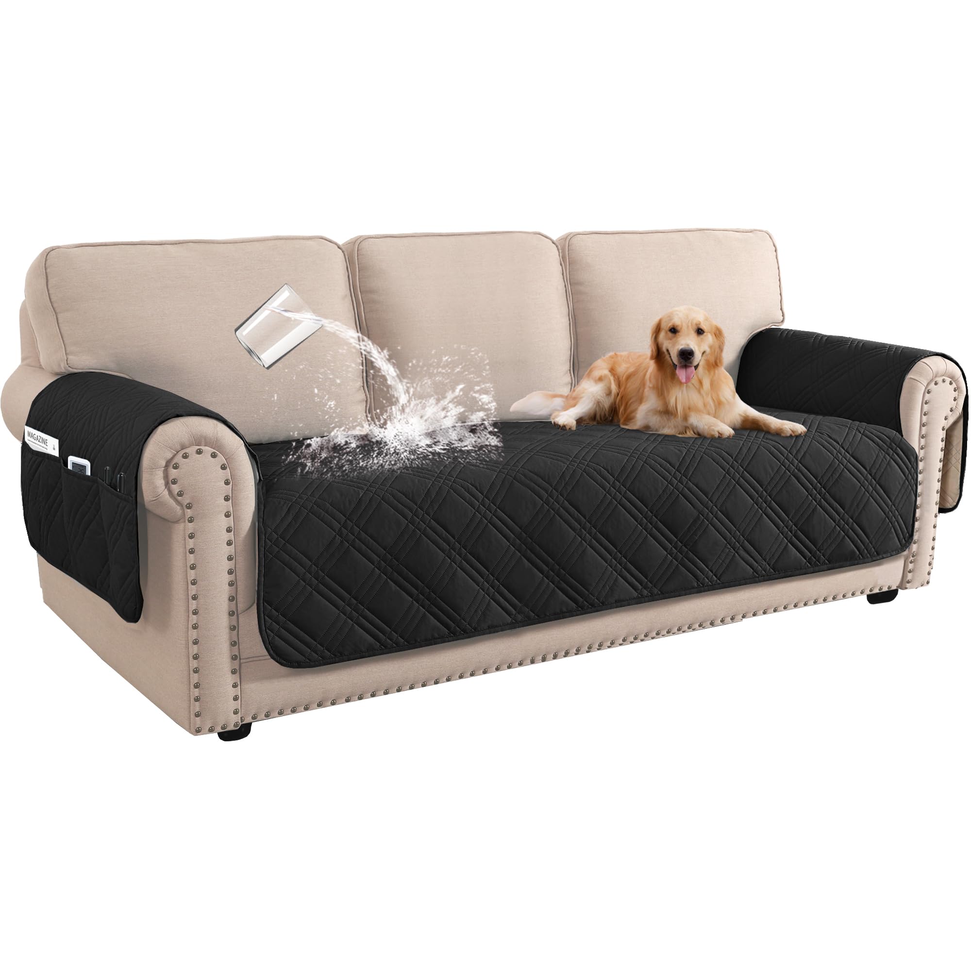 BellaHills 100% Waterproof Sofa Cover for 3 Seater With Side Pocket - Washable Slipcover Protector for Living Room Couch (Black)
