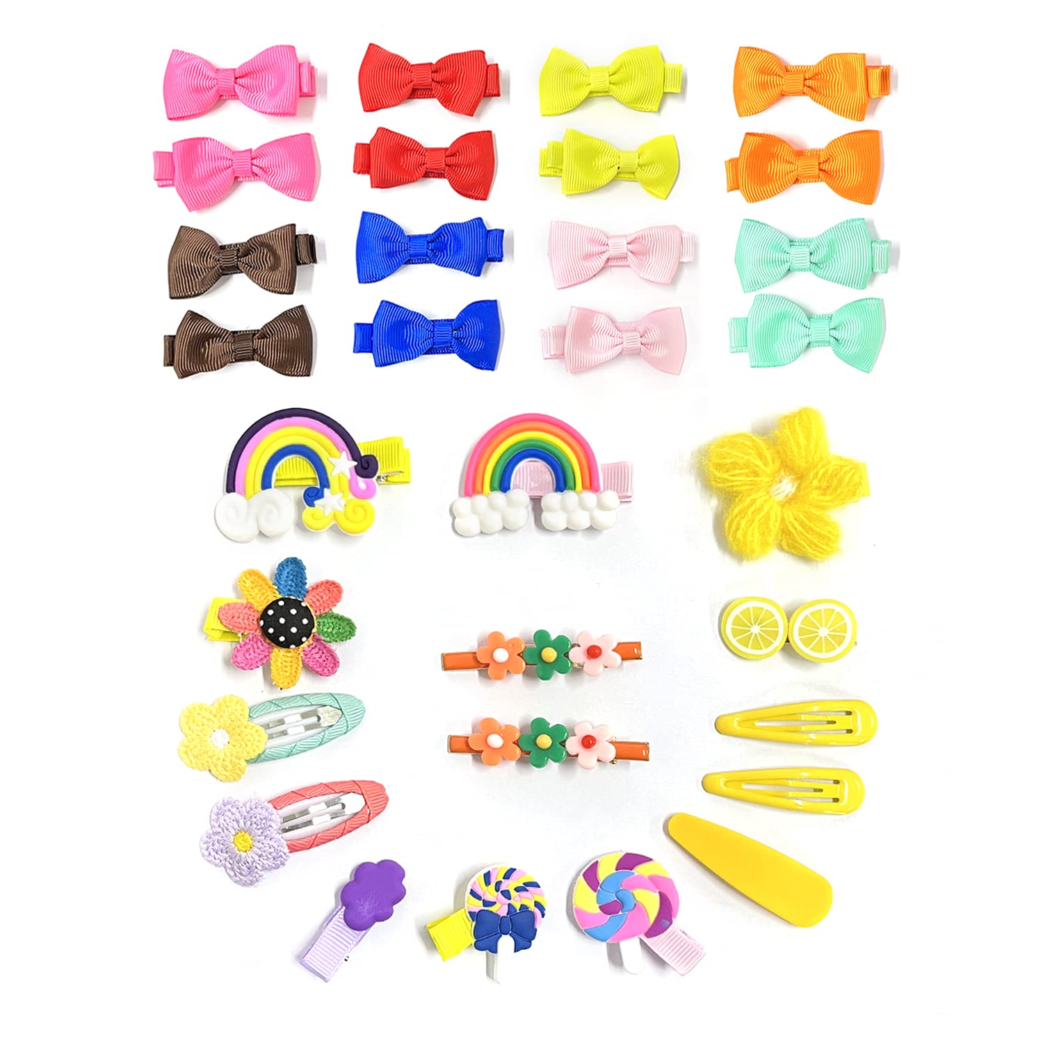 Set of 30 Pcs Baby Hair Clips, 16 Pcs Small Bows/14 Pcs Yellow Rainbow Hair Clips, Colorful Mini Hair Clips, Small Bow Clips for Babies and Toddlers