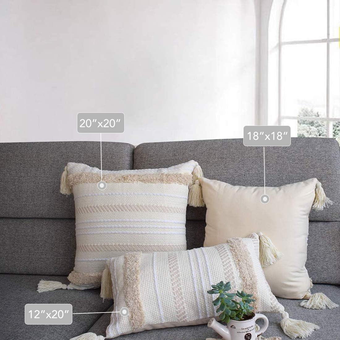 blue page Boho Neutral Decorative Throw Pillow Covers, Woven Tufted Pillows Cover for Couch Sofa Bedroom Living Room, Indoor Outdoor Pillow Cases with Tassels (18X18 inch, Yellowy Cream): Home & Kitchen