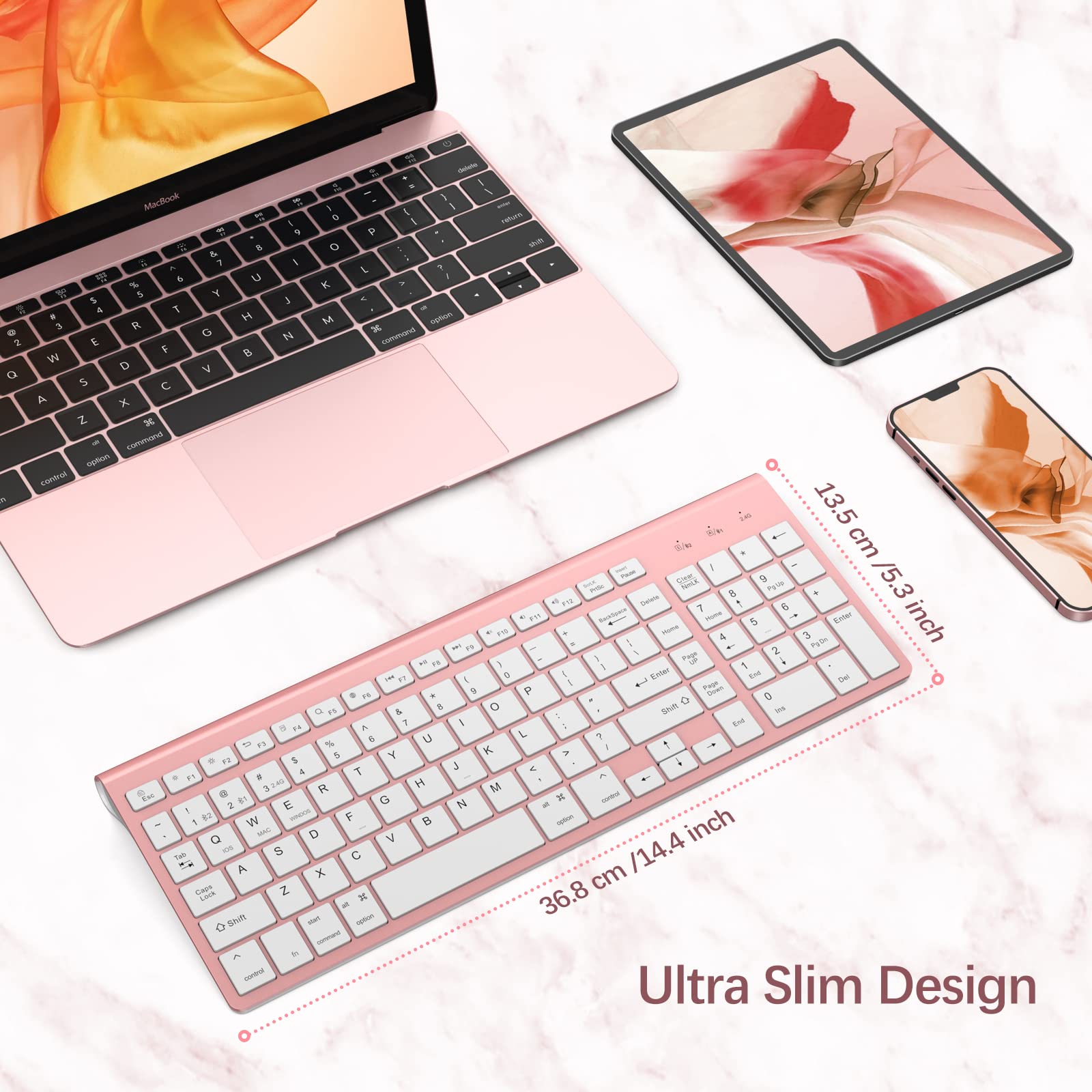 JOYACCESS Bluetooth Wireless Keyboard With Number Pad, Pink, Dual Mode Slim, Connects Up to 3 Devices for iMac/Mac, MacBook, iPad, Laptop, Android, Windows