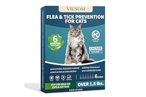 VICSOM Flea Treatment for Cat Flea and Tick Prevention for Cats Kitten, 6-Month Supply, Cat Flea Treatment & Control, Repellent, Fast Acting Topical Drops for Cats, Over 1.5 lbs, 24-Hour Protect