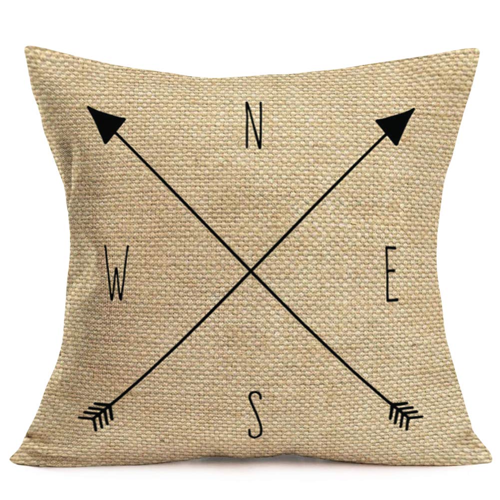 Throw Pillow Covers Arrow Compass North South West East Pillow Case Square Cotton Linen Decorative Cushion Cover Slipcover Home Decor 18x18 Inch Accent Pillowcase (Arrow-W)