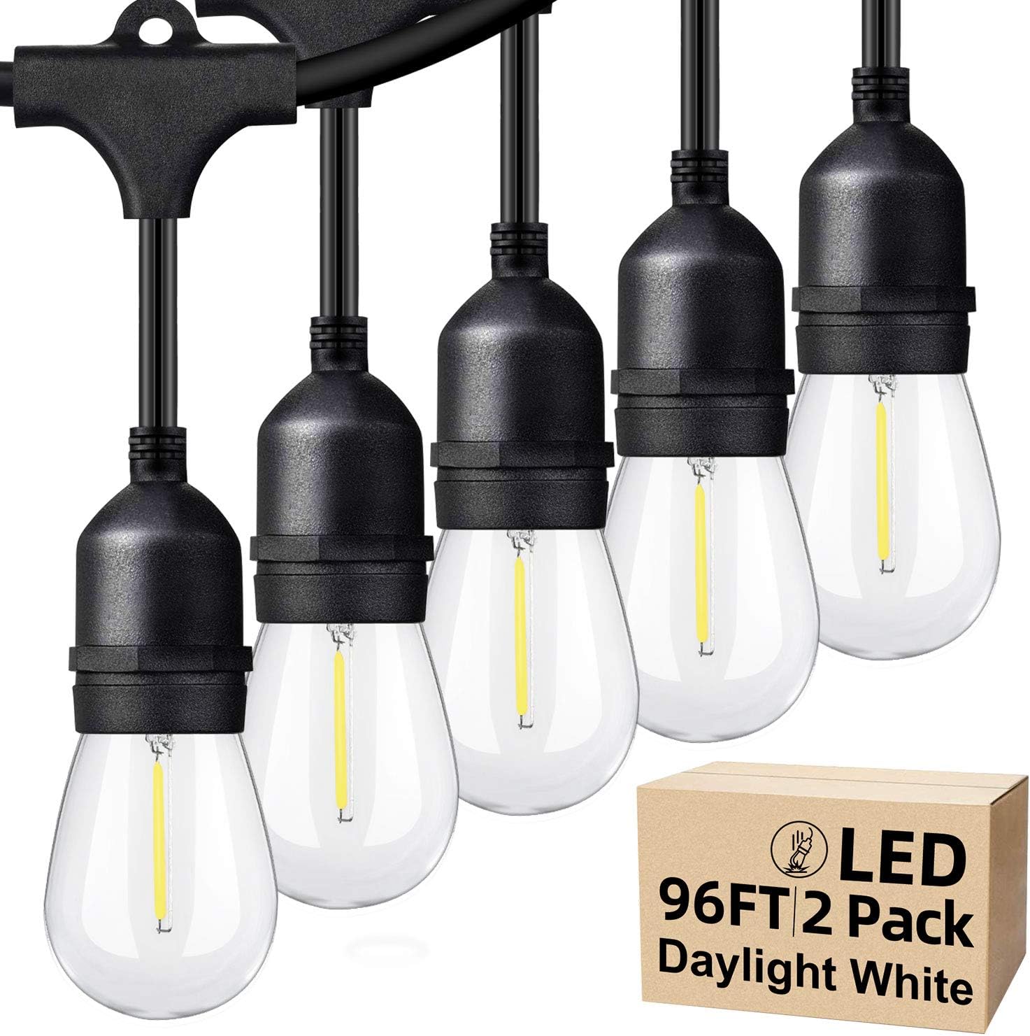 2-Pack 48FT Dimmable LED Outdoor String Lights for Patio with Waterproof Shatterproof 5000K Daylight White E26 LED Bulbs, 15 Sockets, Linkable Commercial Grade Hanging String Lights for Cafe Backyard: Home & Kitchen