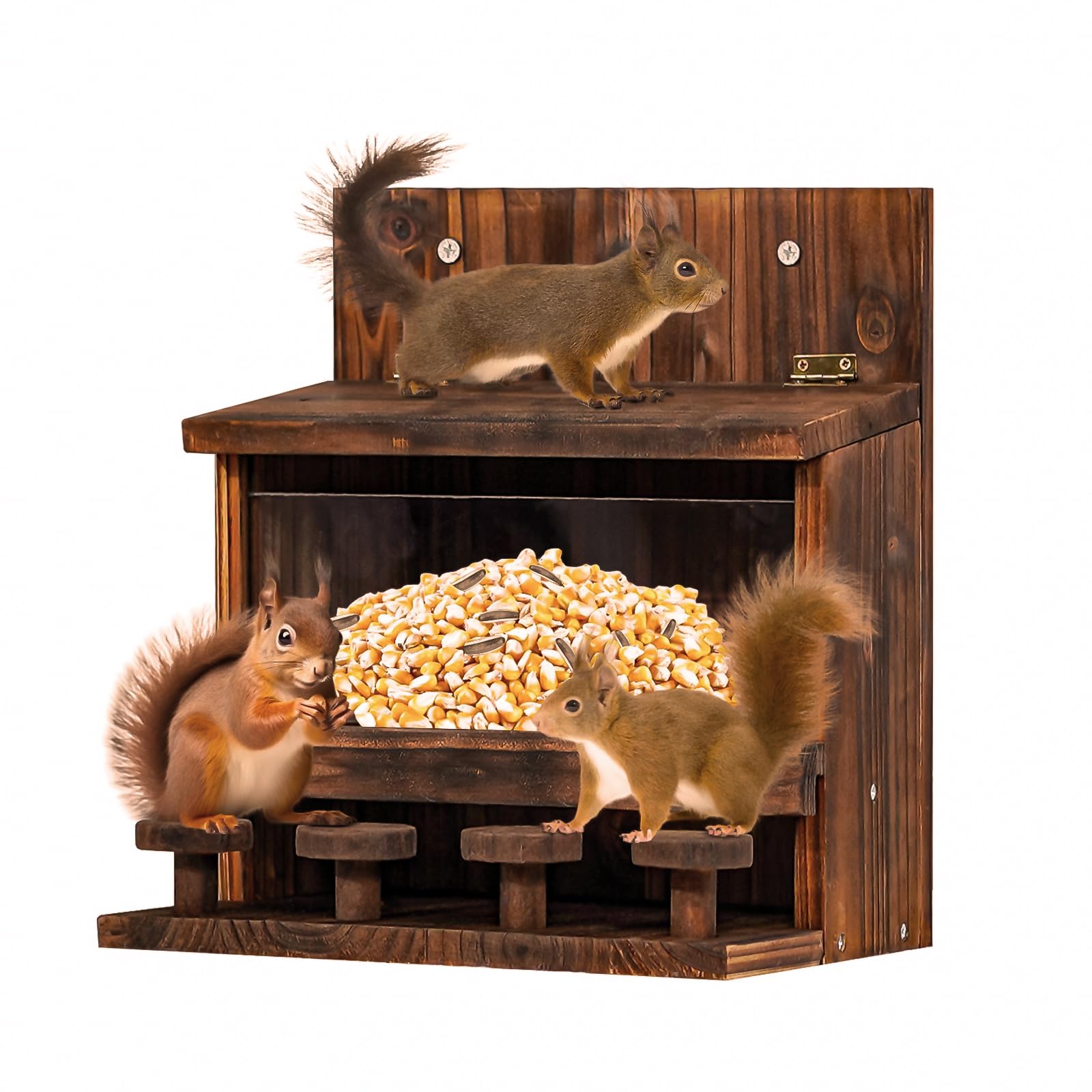 KHayRovies Squirrel Feeders for Outside Funny, Squirrels Peanut Feeder Squirrel House Outdoor, Carbonized Wooden Chipmunk Picnic Table Feeder Station for Garden Tree Backyard