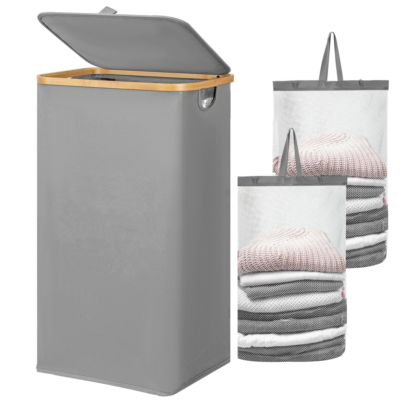 Chrislley 70 L Slim Laundry Basket with Lid, Foldable Laundry Hamper with 2 Removable Inner Bags & Bamboo Handles, Tall Thin Narrow Laundry Basket for Dirty Clothes