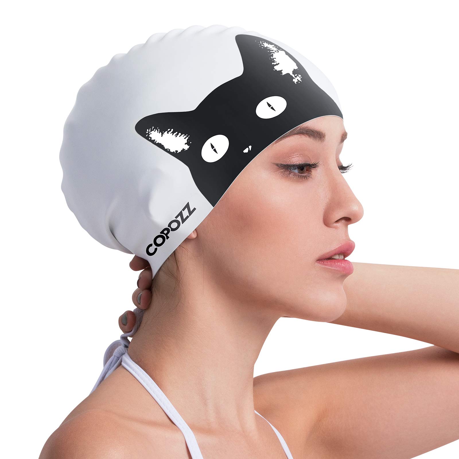 COPOZZ Swimming Cap for Men Women Adult Junior, Unisex Waterproof Silicone Swimming Hat for Short/Long Hair (Black Cat)