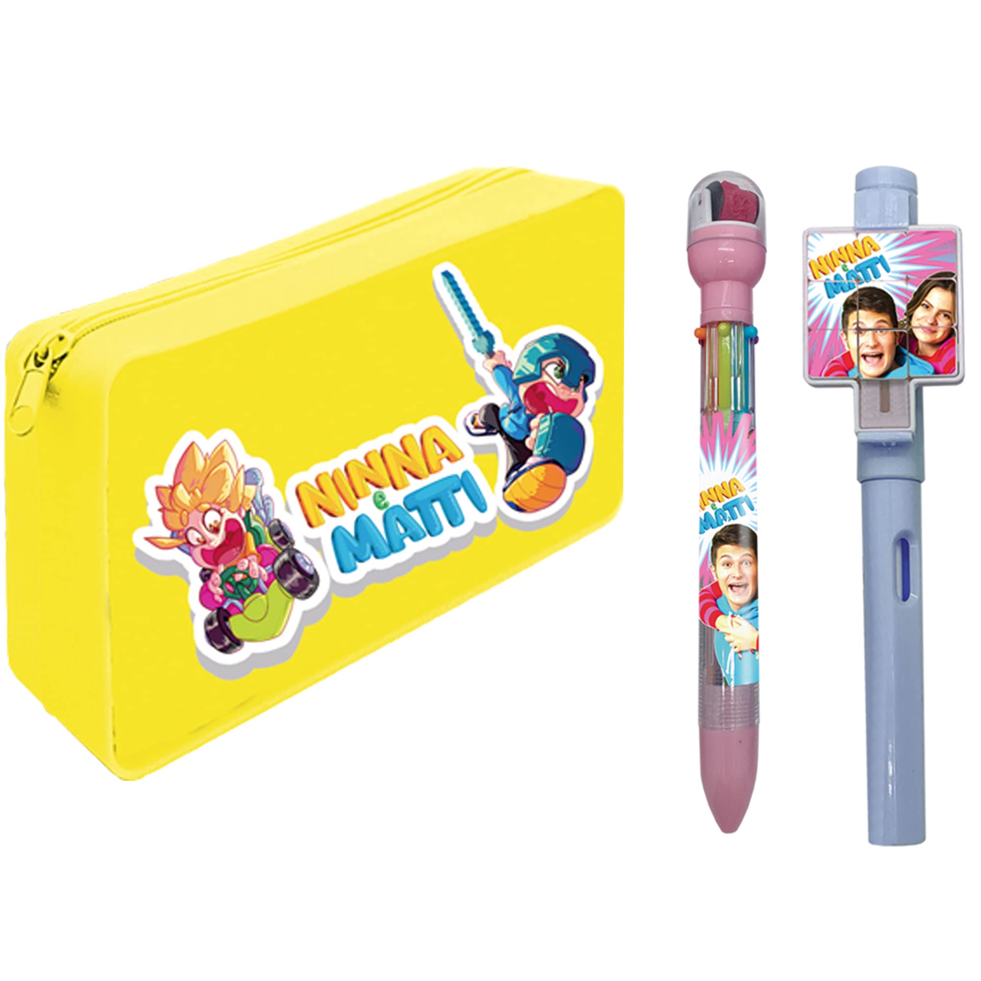 NINNA e MATTI Silicone Case with Pen with Game Filotto and Pen with Stamps - Measures in cm: 20 x 4 x 10, yellow, Silicone Pencil Case