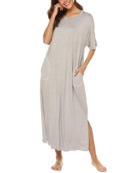 BESDEL Damen Nachthemd Kurzarm Lange Nachtwäsche mit Taschen Loose Fit Nachthemd S-XXL