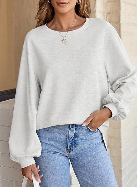 SHEWIN WOMENS TOPS CASUAL CREWNECK FALL FASHION 2024 TOP FOR WOMEN TRENDY KNIT LONG SLEEVE SHIRT LIGHT GREY MEDIUM