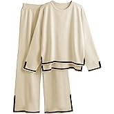 Faleave Women's Knit 2 Piece Outfits Long Sleeve Sweater Pullover Tops Wide Leg Pants Tracksuits Lounge Set