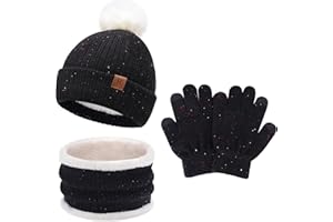 Toddler Kids Winter Hats Touchscreen Gloves Scarfs Set Pompom Beanie Caps Neck Warmer with Fleece for 5-8 Years Old Baby Girl