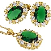 RIZILIA BLOSSOM Oval Cut Birthstone Jewelry Set for Women - Multi Color Options - 14K Yellow Gold Plated Pendant Necklace Stud Earrings, 18"+2" Chain - Gift Boxed for Her, Mother