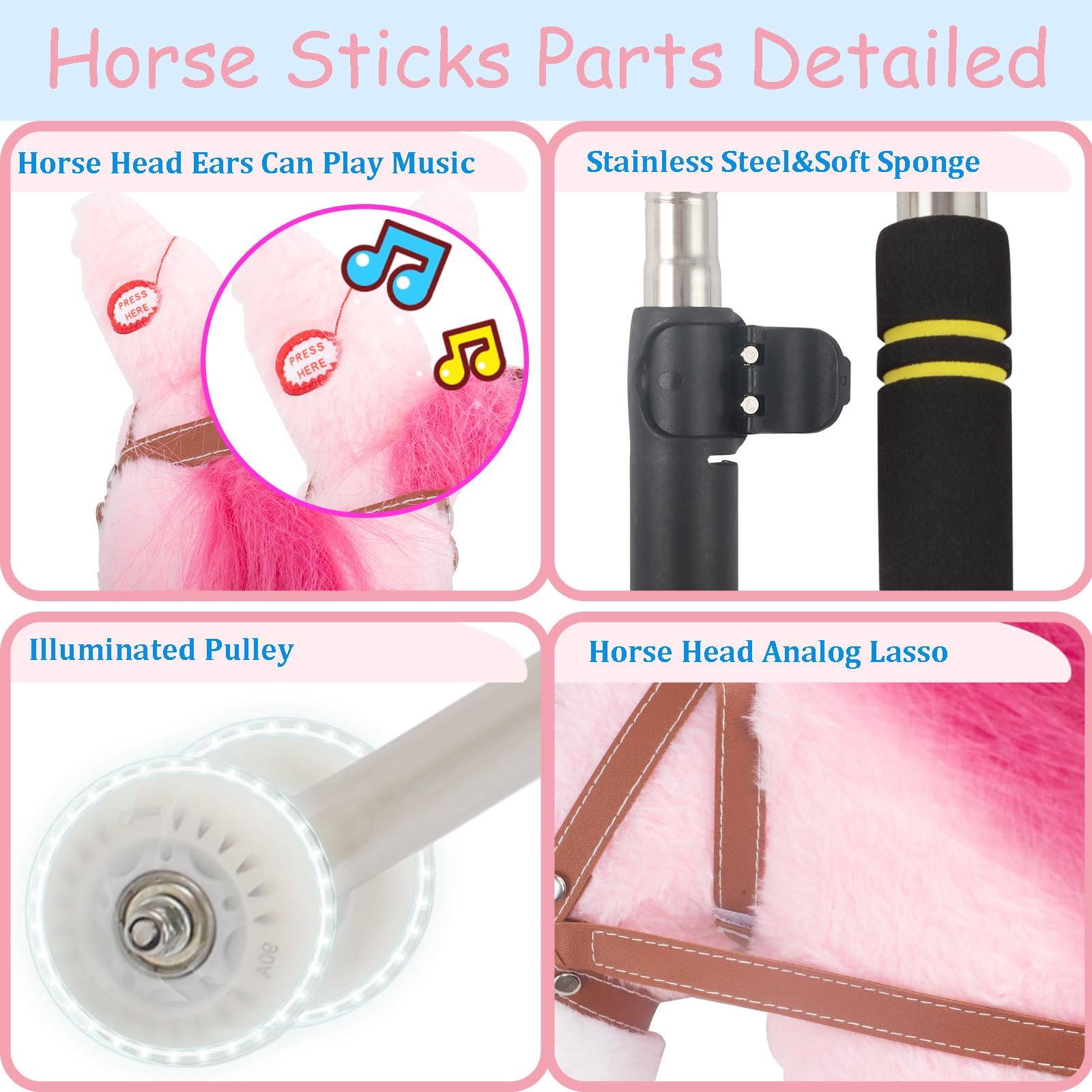 Hobby Horse on a Stick,30 to 50In Stick Horse for Kids 3-12 Years Plush Handcrafted Party Cowgirl Music Pink Pony Horse Toy with Illuminated Wheel Stainless Steels Soft Sponge Handle (Pink)
