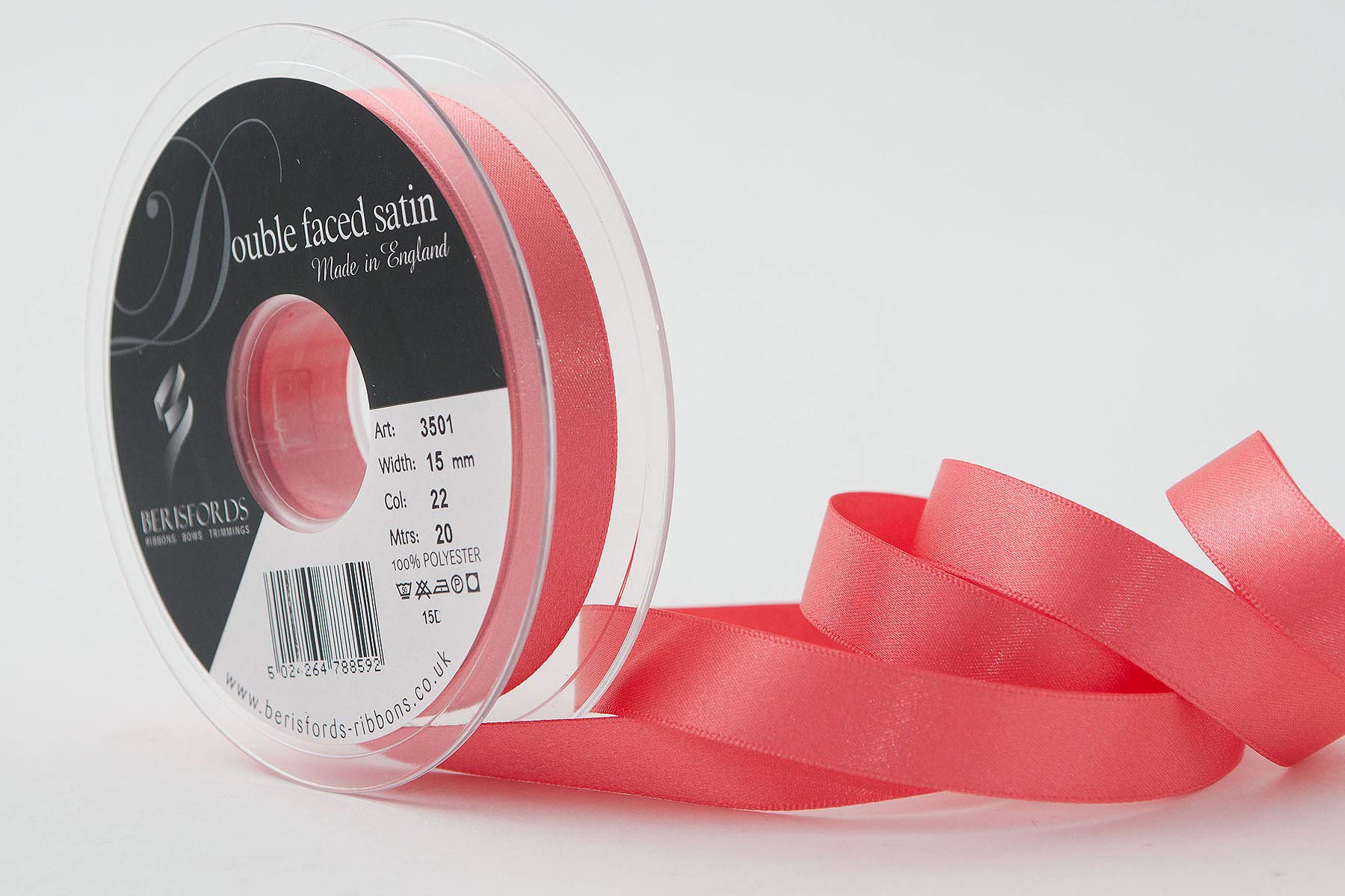Berisfords Satin Ribbon, Coral, 15 mm,Packaging design may vary
