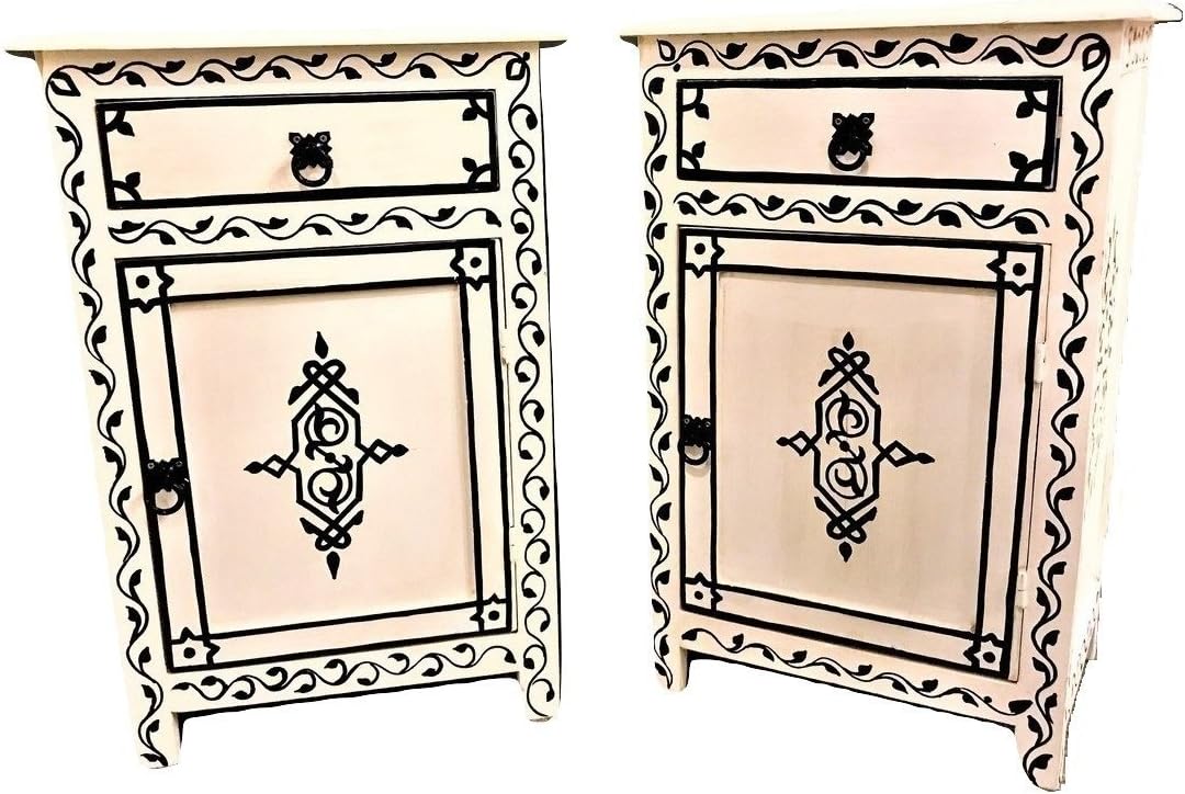A Pair of Moroccan Hand-painted Black & White Table Nightstand
