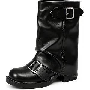 AMINUGAL Fold Over Mid Calf Boots for Women | Festival Trendy Y2K Round Toe Slouchy Short Boots Buckle Moto Biker Chunky Bloc