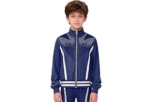 dPois Kids Ice Skating Training Jacket for Boys Figure Sparkle Skating Practice Training Tops Sport Coat