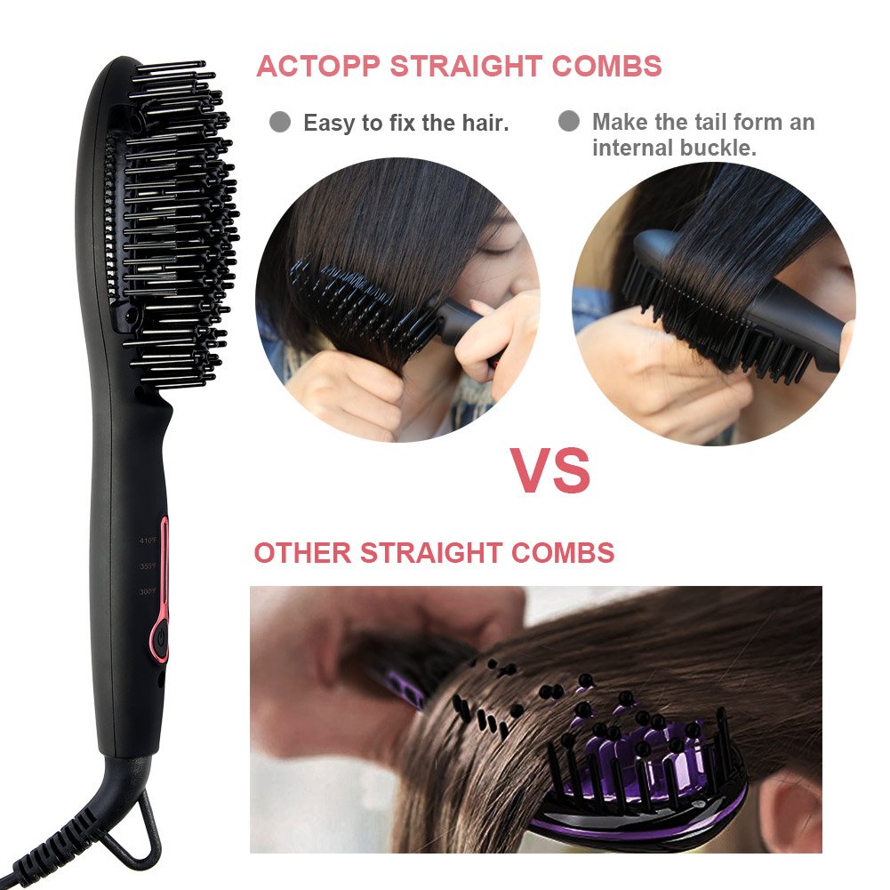 ACTOPP Mini Brosse Lissante Chauffante Brosse Lisseur Professionnelle 2-en-1 Anti-Statique Chauffage Rapide avec 4 Pinces