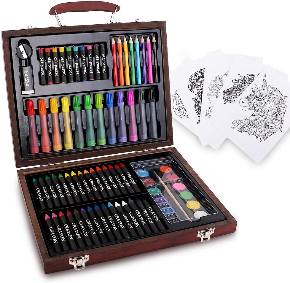 HiArt 82 Piece Kid Set Wooden Supplies for Painting Drawing Art Case for Beginner, 82pc, Black