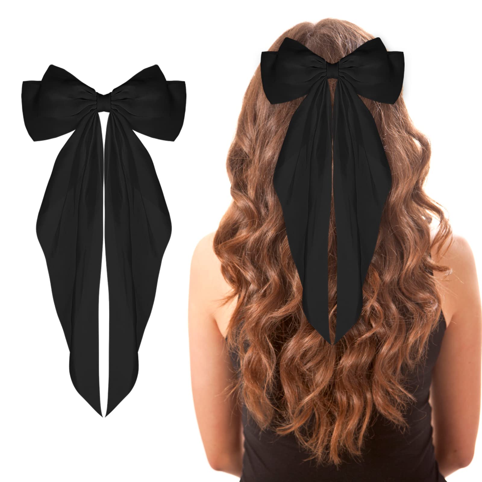 WLLHYF Big Bow Barrettes Long Tail French Ribbon Hair Pins Soft Silky Satin Hair Clip Metal Bowknot Clips 90's Accessories for Party Valentine's Day Women Girl (Black) — image 1