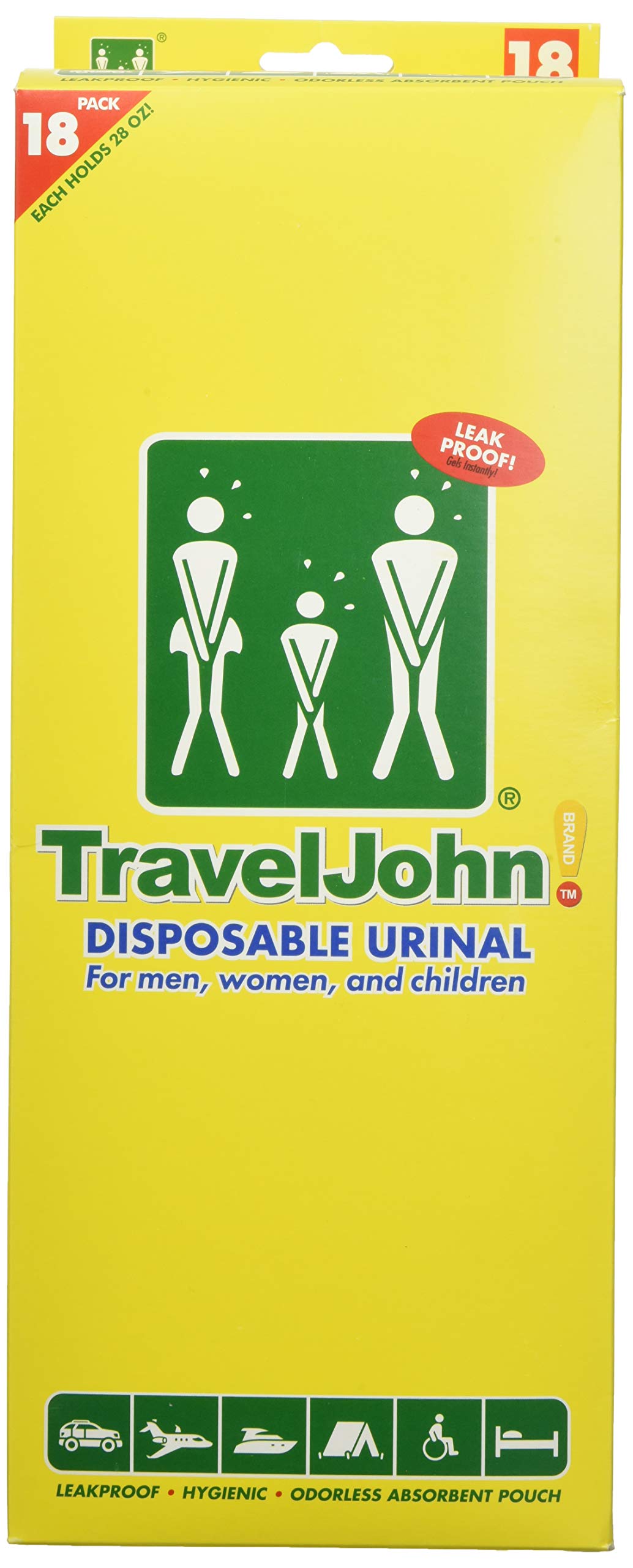 Disposable Urinal for All Genders, Adults, and Children (18 Pack) Designed for Emergencies, Travel, Camping, Car Rides, and more (TJ1A-C)