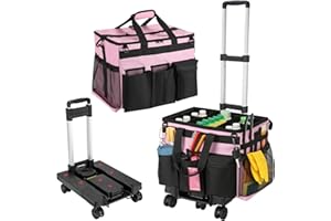 Housolution Extra Large Rolling Cleaning Caddy Bag with Detachable Trolley, Upgraded 360° Free Rotating with 5 Wheels and Dust-Proof Lid, Professional Cleaning Supplies Bag for Housekeepers, Pink