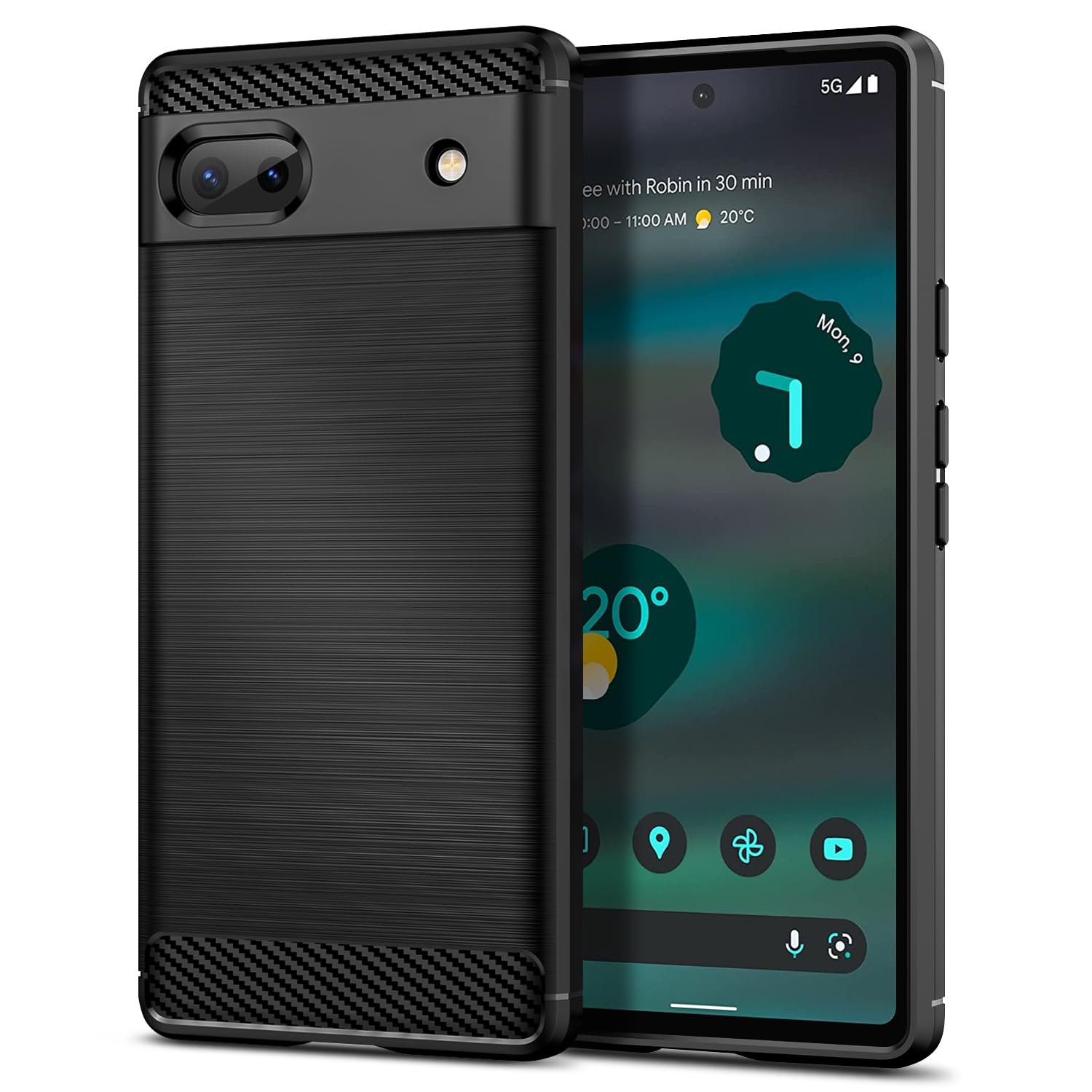Qiinogow Case Compatible with Google Pixel 6A, Slim Fit Phone Cover with Shock-Absorption, Carbon Fiber TPU Rubber Protective Case, Black