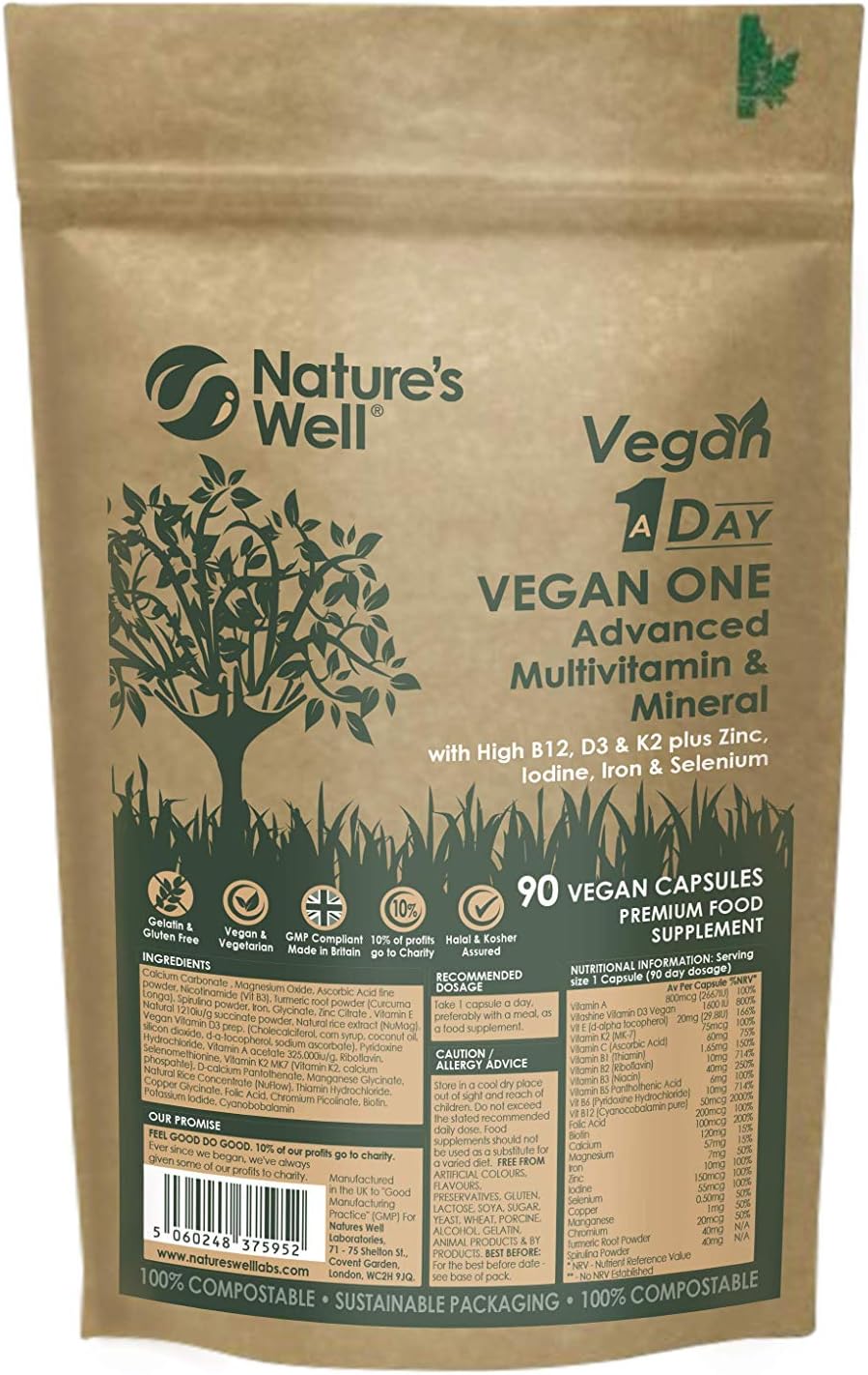 Vegan Multivitamins & Minerals with High Strength B12, D3 & K2, 90 Capsules, Halal & Kosher, Made in UK by Nature’s Well