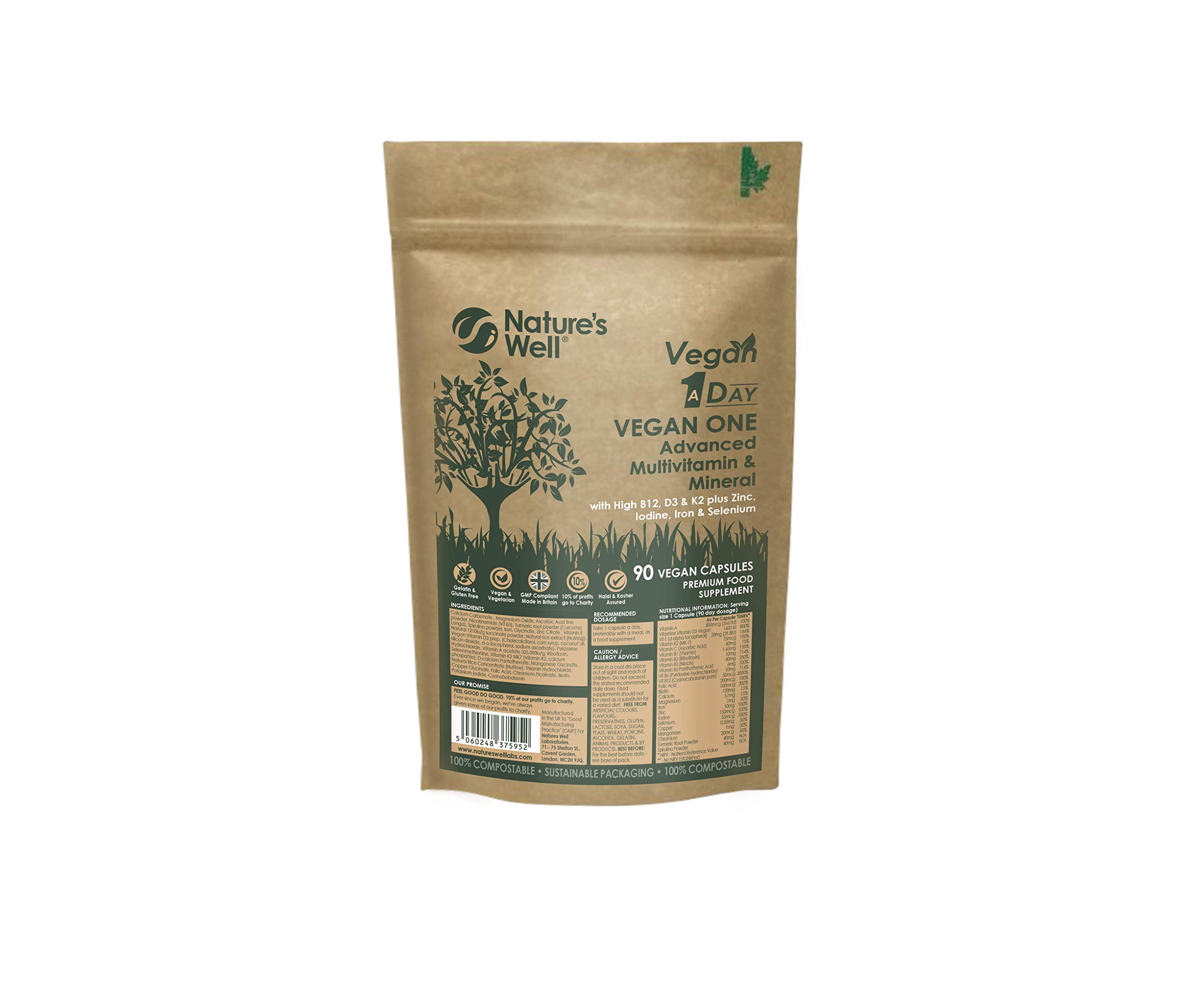 Vegan Multivitamins & Minerals with High Strength B12, D3 & K2, 90 Capsules – Halal & Kosher, Made in UK by Nature’s Well, Designed for Vegans & Vegetarians - Pouch