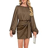 ZTMZA Cocktail Dresses for Women Formal Short Satin Dress Elegant Long Sleeve Crew Neck Tie Waist Wedding Party Mini Dress