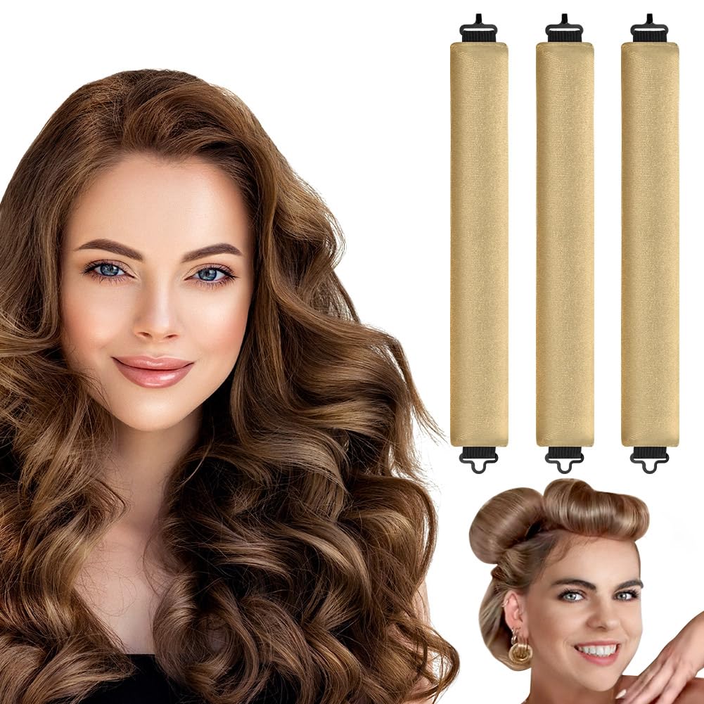 LOPHE 3 Pcs Heatless Hair Curler, Heatless Curls Blowout Rods Headband for All Hair Types, Soft Hair Roller Rods with Hook, Overnight Heatless Hair Curlers, Women Long Hair Styling Tools, Khaki