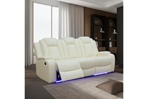 SIENWIEY White Leather Power Recliner Sofa with LED Light，84" Luxurious Power Double Reclining Sofa with Drop Down Table Wireless Charge/USB Port for Home Theater Seating Living Room Furniture