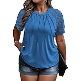 Eytino Plus Size Tops for Women Summer Lace Short Sleeve Crewneck Loose Casual Blouse Tunic T Shirts(1X-5X)