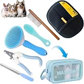 Oromaviela 6PCS Cat &amp; Dog Grooming Kit, Self-Cleaning Brush,Nail Clipper, File,Face Detail Comb, Fine-Tooth Comb,Hair Removal Glove &amp; Travel Storage Bag for Long/Short-Haired Pets(6, Blue)