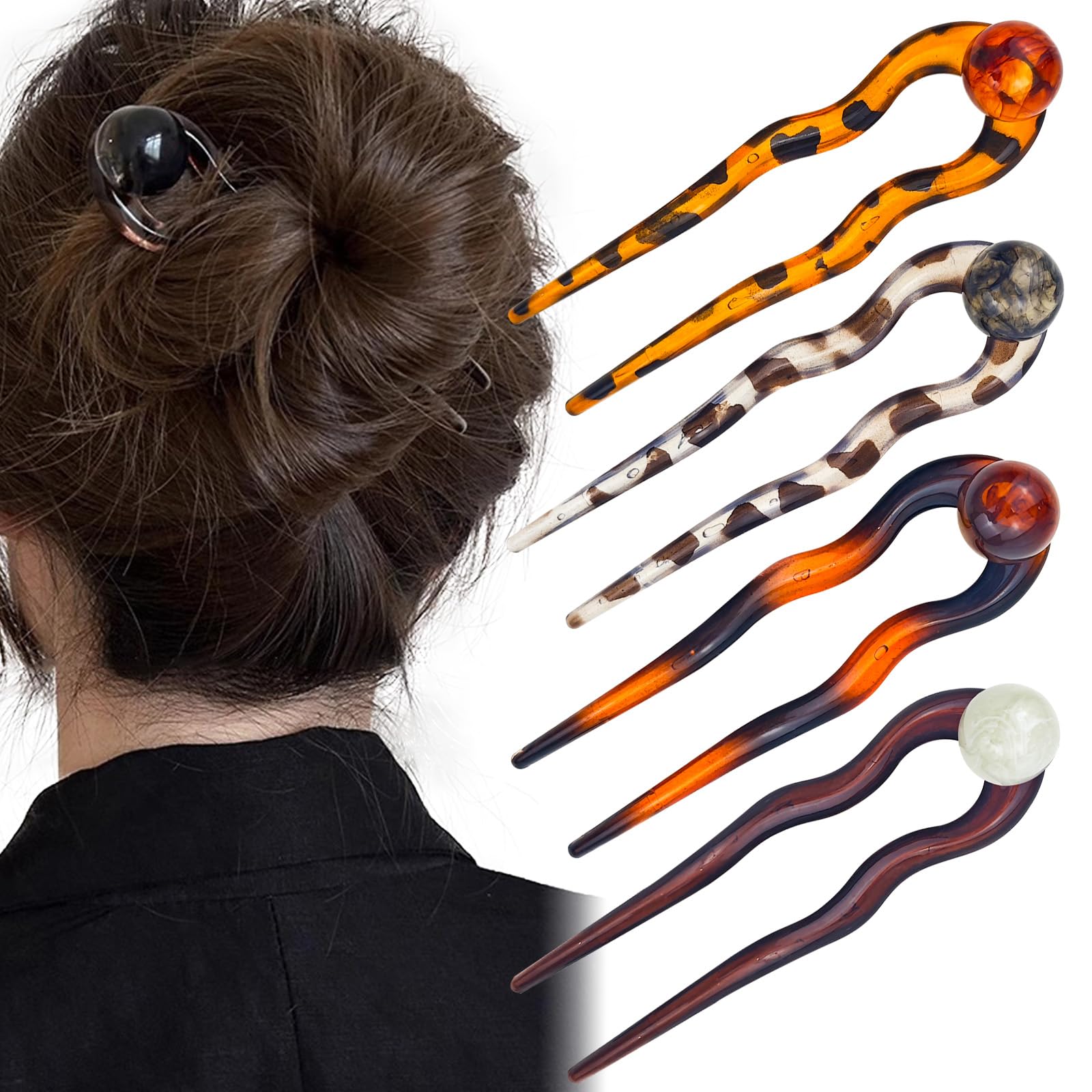 Photo 1 of 4 PACK U Shaped Acetate French Hair Pin, French Hair Forks Tortoise Shell for Buns Tortoise Shell 2 Prong Bun Hair Sticks for Women Thick Long Hair Hair Accessories for Women Christmas and Holiday
