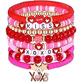 Holiday Beaded Heishi Bracelets Set for Women Valentine Day Mardi Gras Bracelets Jewelry Set for Party Carnival Parade