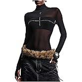 MakeMeChic Women's Mesh Sheer T Shirt High Neck Cross Long Sleeve Fitted Party Night Out Tops